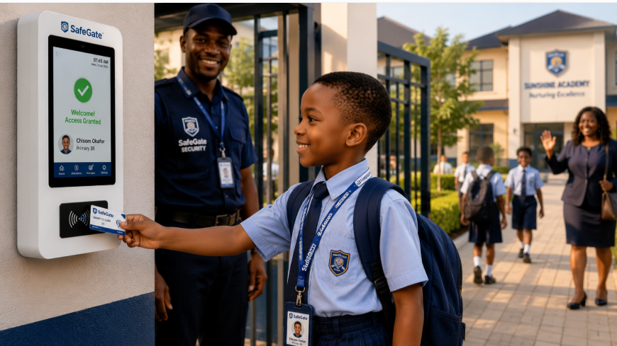 Child tapping SafeGate card at school gate